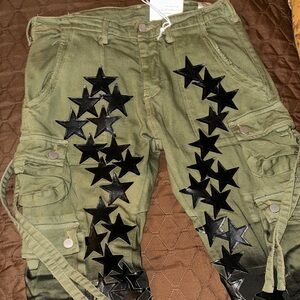 MNML Olive Green Cargo Jeans with Black Star Appliqués